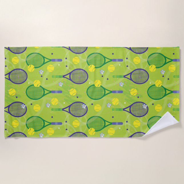 💚💜Green and purple tennis racket pattern  Beach Towel (Front)