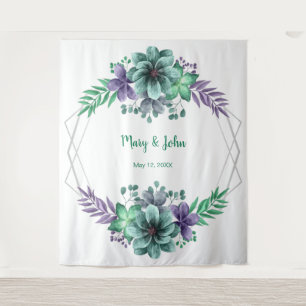 Green And Purple Watercolor Floral Photo Backdrop Tapestry
