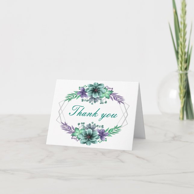 Green And Purple Watercolor Floral Thank You Card (Front)
