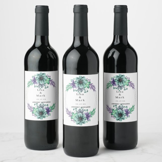 Green And Purple Watercolor Floral Wine Labels (Bottles)