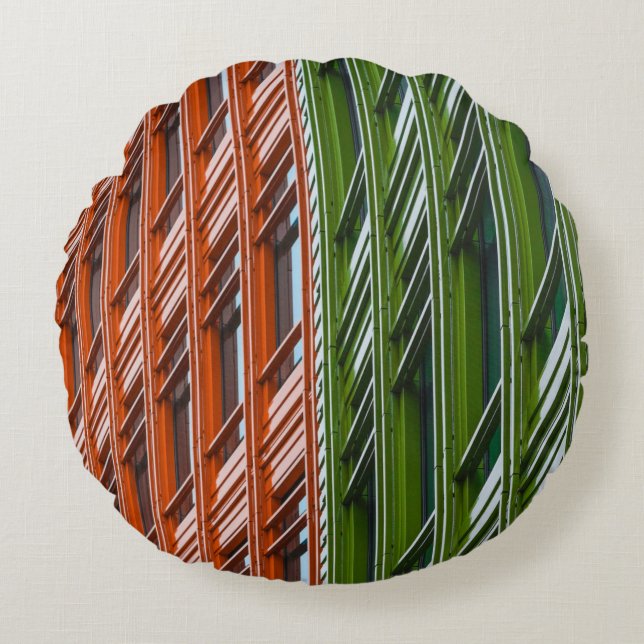 Green and red architectural structure round pillow (Front)