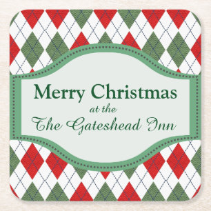 Green and Red Argyle Christmas Personalised Square Paper Coaster