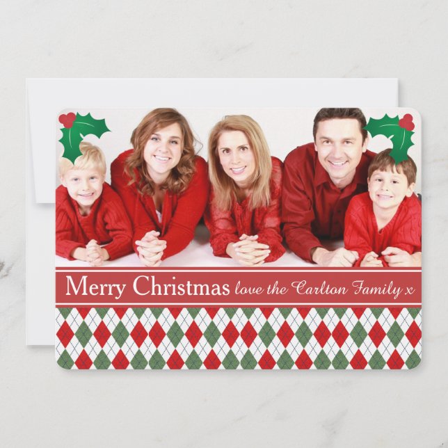 Green and Red Argyle Custom Photo  Holiday Card (Front)