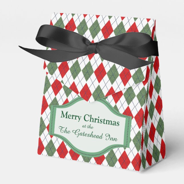 Green and Red Argyle Pattern Personalised Favor Box (Front Side)