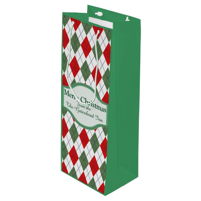 Green and Red Argyle Pattern Personalised Wine Gift Bag (Front Angled)
