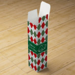 Green and Red Argyle Wine Box<br><div class="desc">Green and red argyle pattern with festive green band on personalized Christmas wine gift box with bells motif. Template text on front and back to change for your own message.</div>