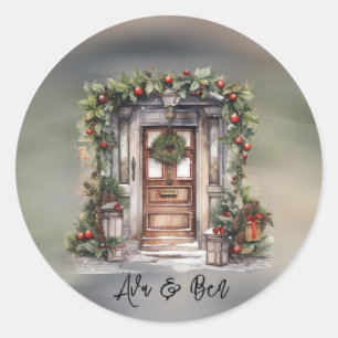 Green and Red Berry Decorated Door Christmas Classic Round Sticker