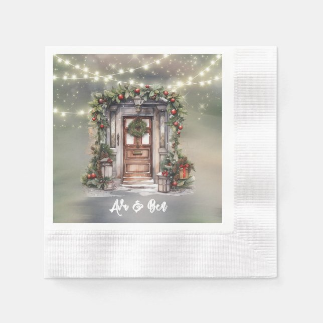 Green and Red Berry Decorated Light Door Christmas Napkin (Front)