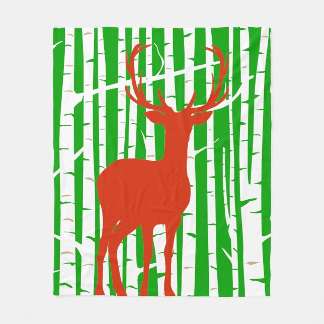 Green and Red Birch Forest Woodland Fleece Blanket (Front)