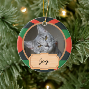 green and red christmas holiday Custom cat Photo Ceramic Ornament
