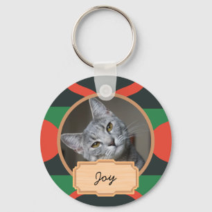 green and red christmas holiday Custom cat Photo Keychain
