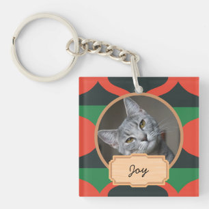 green and red christmas holiday Custom cat Photo   Keychain