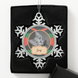 green and red christmas holiday Custom cat Photo   Snowflake Pewter Christmas Ornament