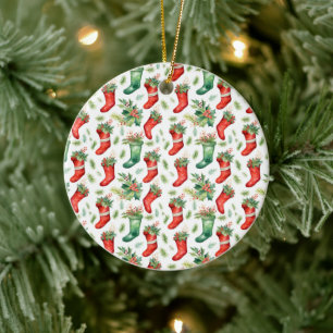 Green and Red Christmas Stockings Ceramic Ornament