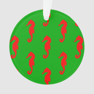Green And Red Coastal Christmas Seahorse Pattern Ornament