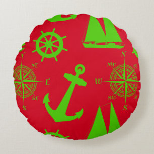 Green and Red Coastal Nautical Christmas Holiday Round Pillow