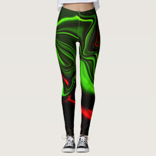 Green and red curved strokes over dark green fund leggings