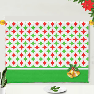 Green and Red Diamond Star Pattern on White Kitchen Towel