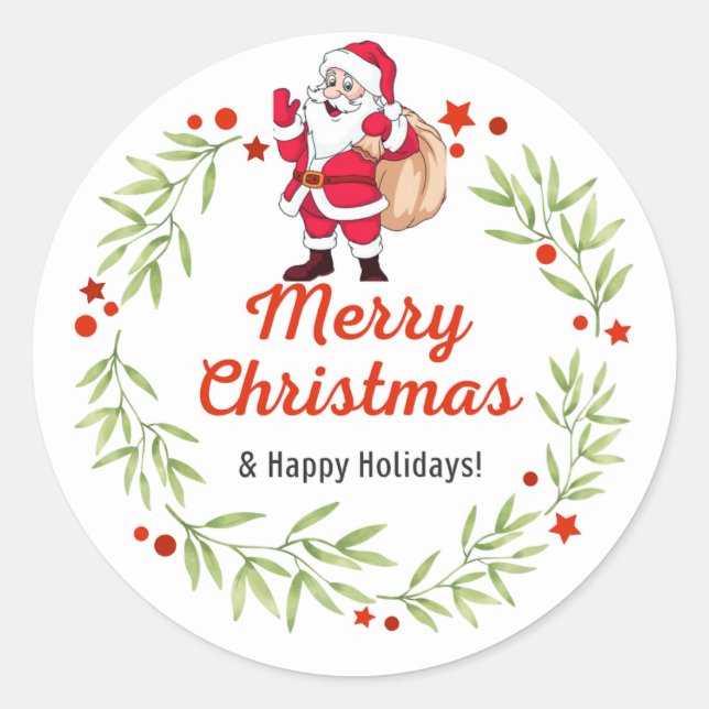 Green and Red Festive Merry Christmas Circle Stick Classic Round Sticker (Front)