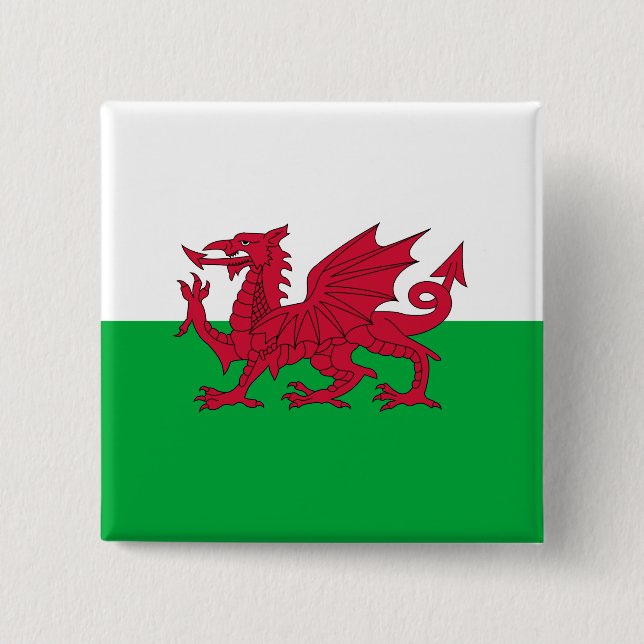 Green and Red Flag of Wales with Dragon 2 Inch Square Button (Front)