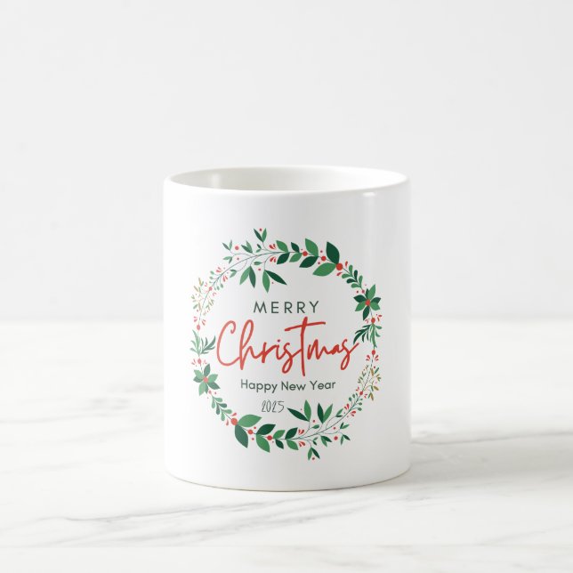 Green and Red Floral Illustration Christmas Mug (Center)