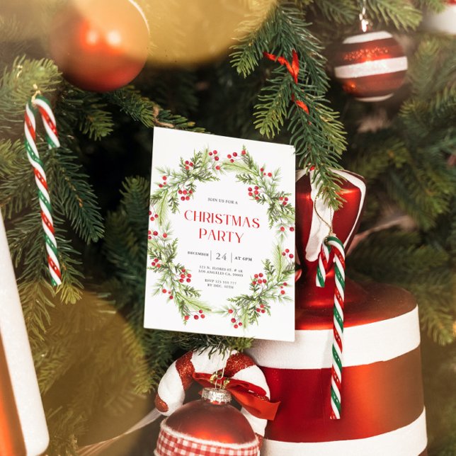 Green and Red Floral Wreath Christmas Invitation (Creator Uploaded)