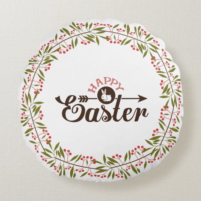 Green And Red Floral Wreath With Bunny Round Pillow (Front)