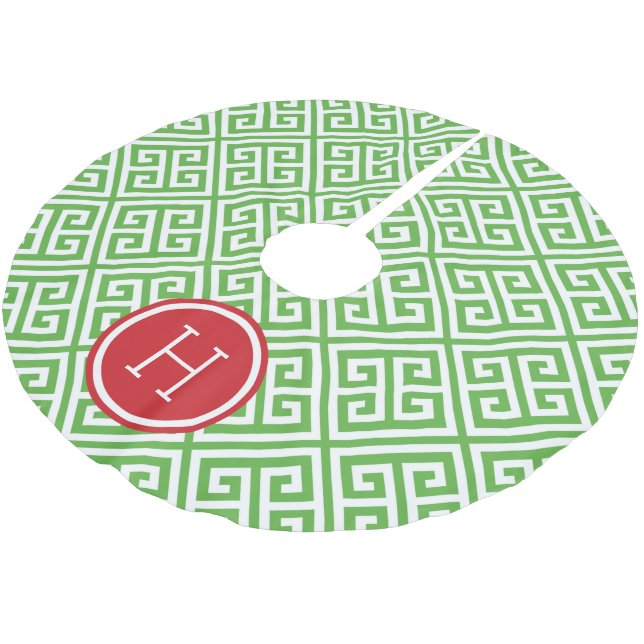 Green and Red Greek Key Monogram Brushed Polyester Tree Skirt (Angled)