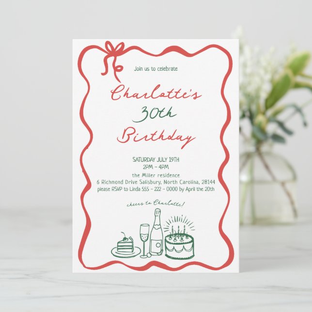 GREEN AND RED Hand Drawn 30th Birthday Invitation (Debout devant)