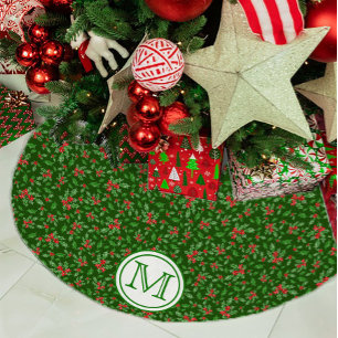 Green and Red Holly Berry Personalized Monogram Brushed Polyester Tree Skirt