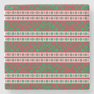 Green and red Latvian Latgale Ethnic Folk art Stone Coaster