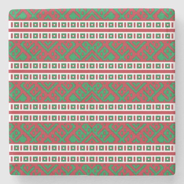 Green and red Latvian Latgale Ethnic Folk art Stone Coaster (Front)
