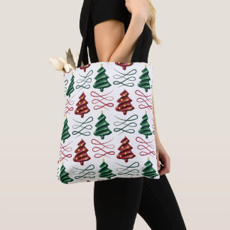 Green and red lipstick drawn christmas tree tote bag