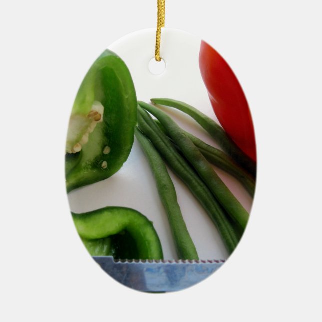Green and Red Peppers with Beans Ceramic Ornament (Front)