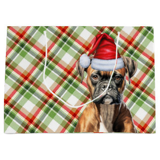 Green and Red Plaid Boxer Dog Lover Holiday Large Gift Bag