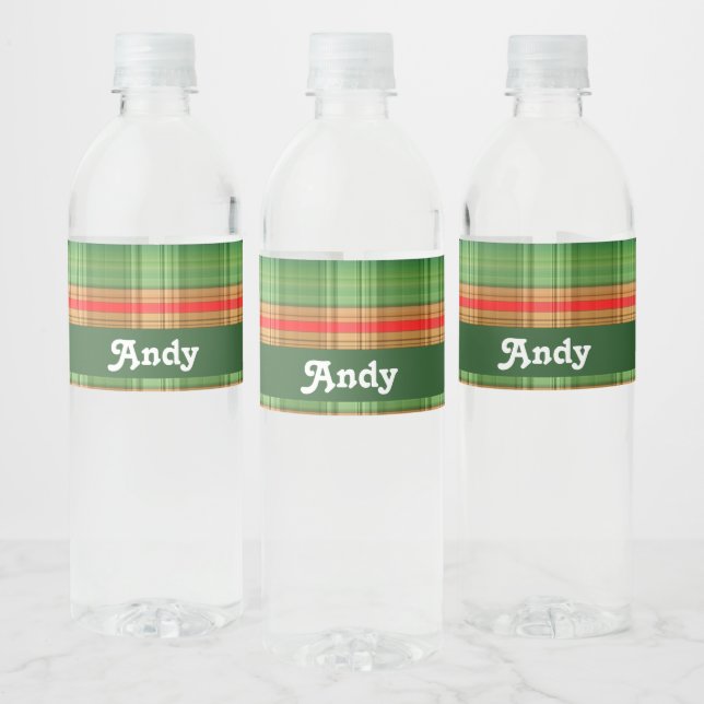 Green and red plaid print water bottle label (Bottles)