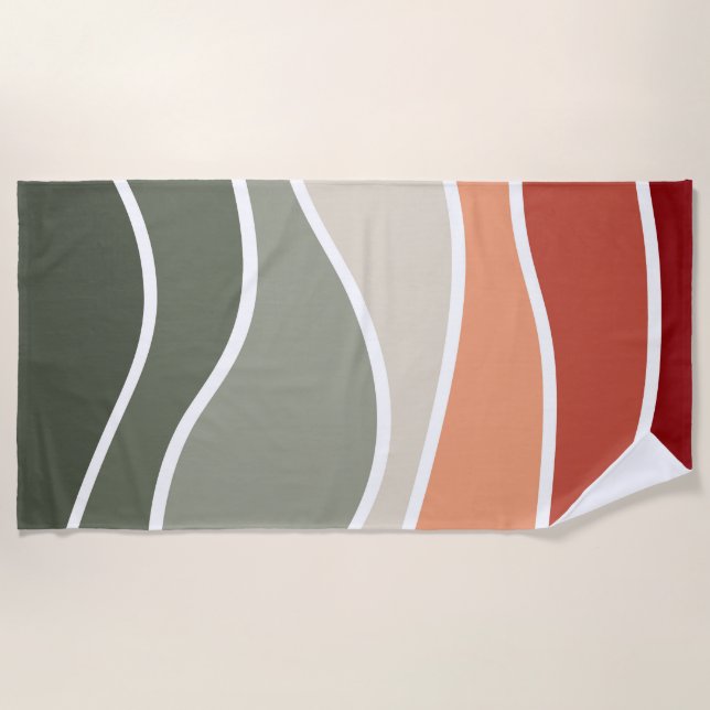 Green and red retro style waves design beach towel (Front)
