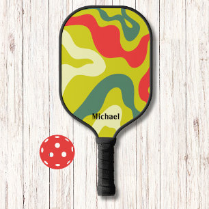 Green and Red Retro Waves Modern Monogram Pickleball Paddle