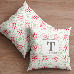 Green and Red Snowflake Holiday Pattern Throw Pillow
