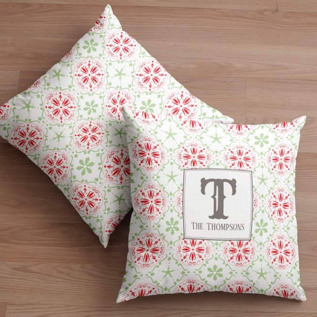 Green and Red Snowflake Holiday Pattern Throw Pillow (Red and green snowflake monogram throw pillow)