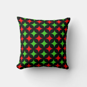 Green and Red Star Pattern on Black Throw Pillow
