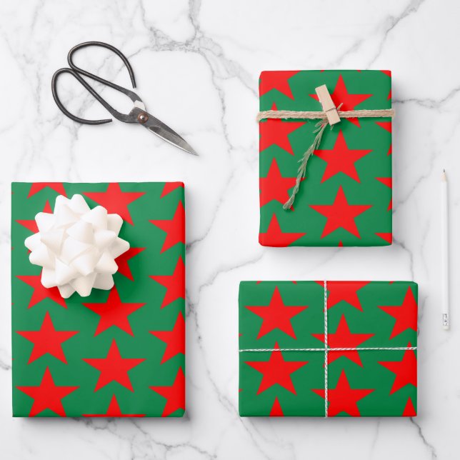 Green And Red Stars Wrapping Paper Sheet (Front)