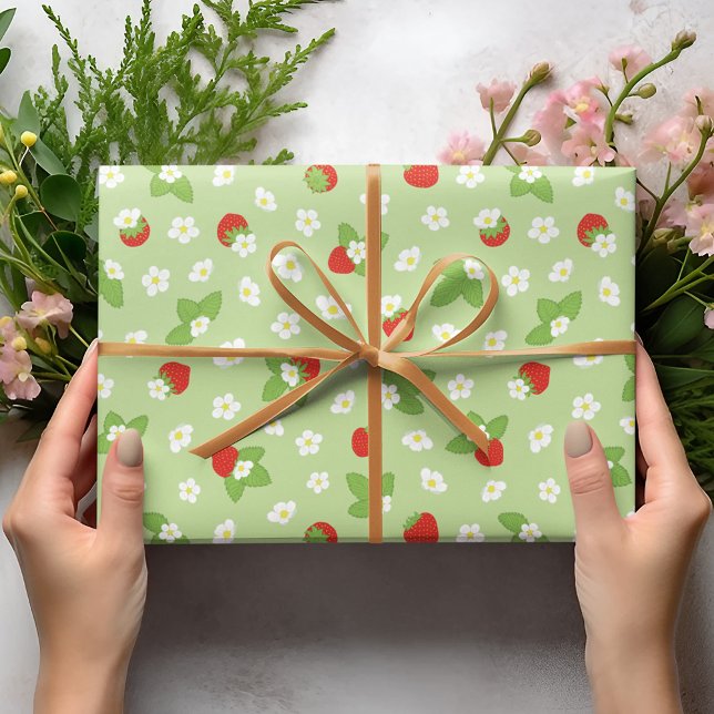 Green and Red Strawberries Floral Pattern Wrapping Paper (Creator Uploaded)