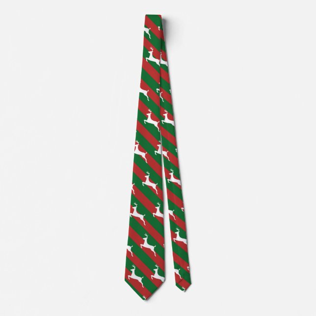 Green and Red Stripe Deer Pattern Christmas Tie (Front)