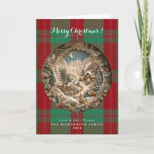 Green and Red tartan plaid 3D papercut Christmas Card