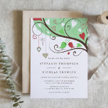 Green and Red Whimsical Lovebirds Wedding Invitation<br><div class="desc">Add a sweet and playful touch to your big day with this customizable lovebird wedding invitation. It features an adorable illustration of two lovebirds perched on a tree branch, accented with whimsical heartstrings. This charming design is perfect for rustic, woodland, boho, or casual outdoor weddings. Personalize with your names, wedding...</div>