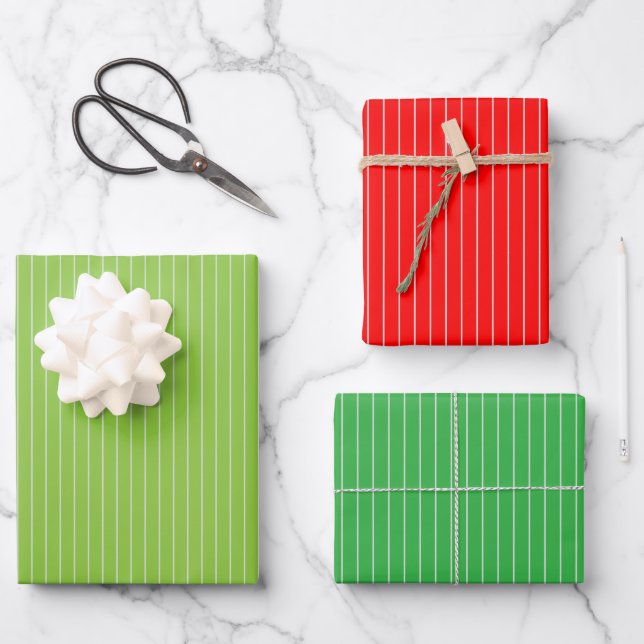 Green and Red White Pinstripes Christmas Patterns Wrapping Paper Sheet (Front)