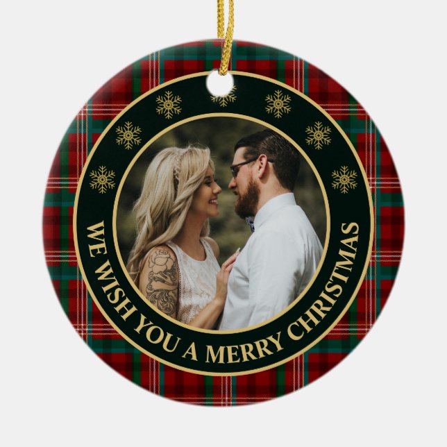 Green and Red Winter Plaid Family Photo Christmas Ceramic Ornament (Front)