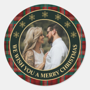 Green and Red Winter Plaid Family Photo Christmas Classic Round Sticker