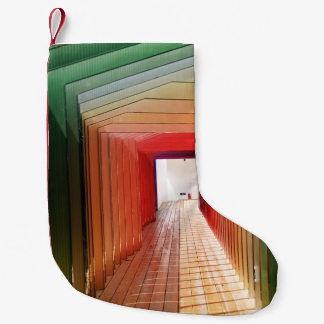 Green and red wooden hallway interior small christmas stocking (Front)